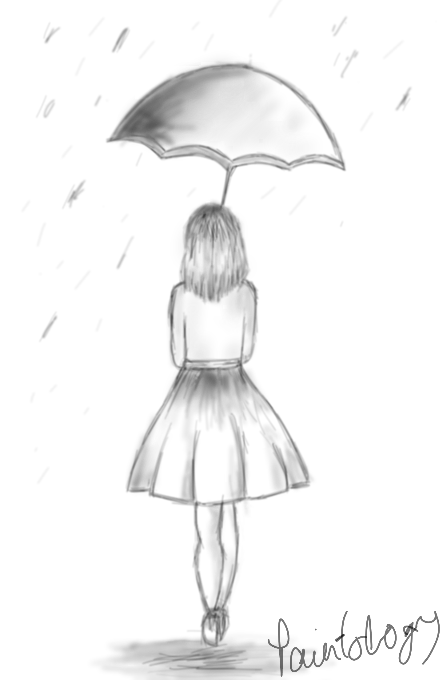 Childrens book illustration of a little girl with an umbrella jumping in a  puddle on a rainy day - illustrated by Sarah LuAnn
